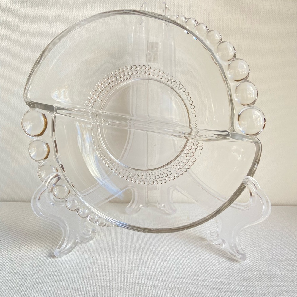 Duncan Miller Teardrop clear glass divided relish dish with beaded edge Vintage